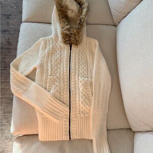 Cozy Cream Cable Knit Sweater with Faux Fur Hood